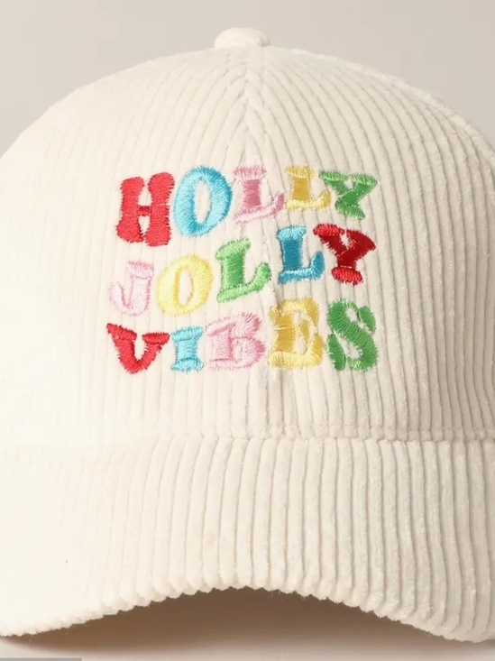 David and Young Accessories - Womens Corduroy Cap with Multicolor 'Holly Jolly Vibes' Embroidery